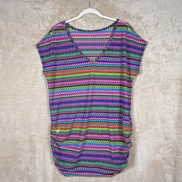 Anne Cole Other - Anne Cole Colorful Sheer Ruched Geometric Print Swimsuit Cover Up Dress Size‎ S